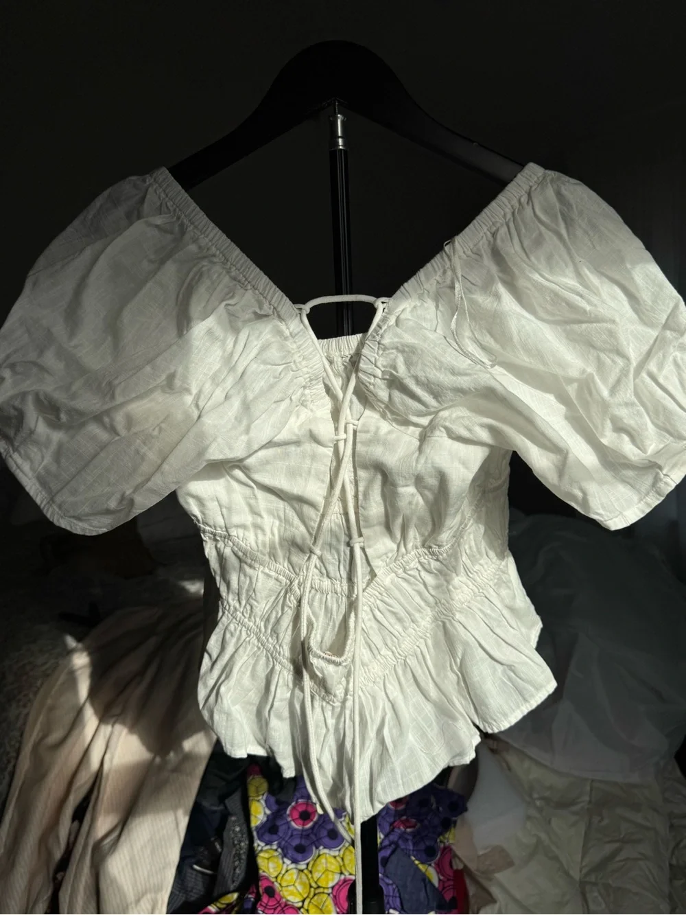 Free People White Smocked Peasant Blouse with Tie